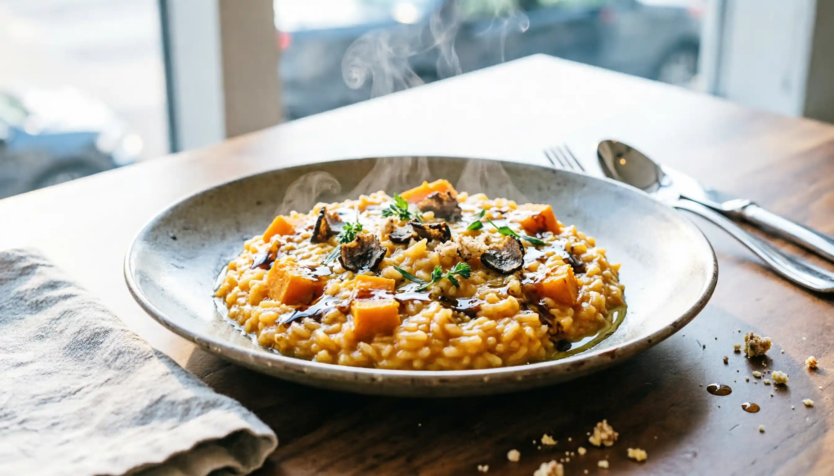 Risotto crémeux au potiron servi dans une assiette élégante