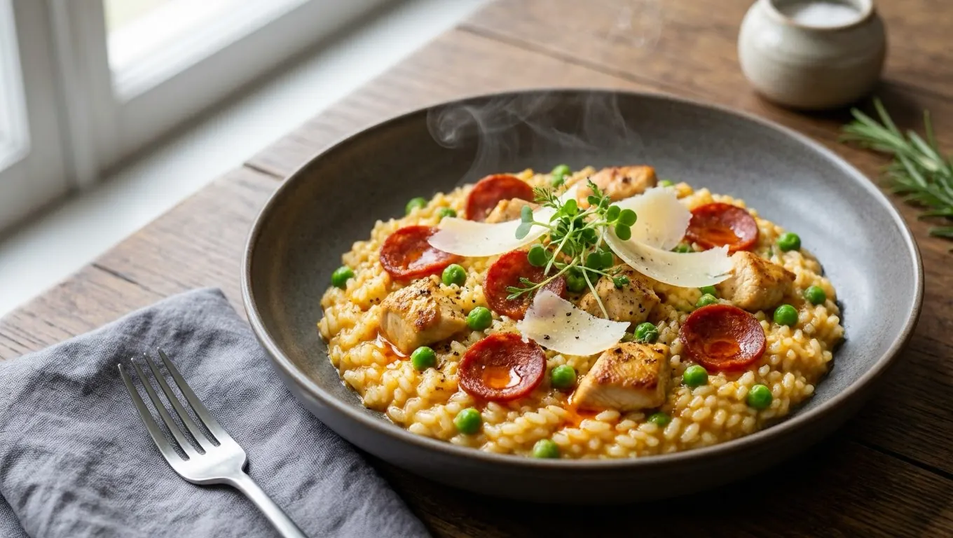 Risotto crémeux au poulet et chorizo, parmesan râpé et herbes fraîches