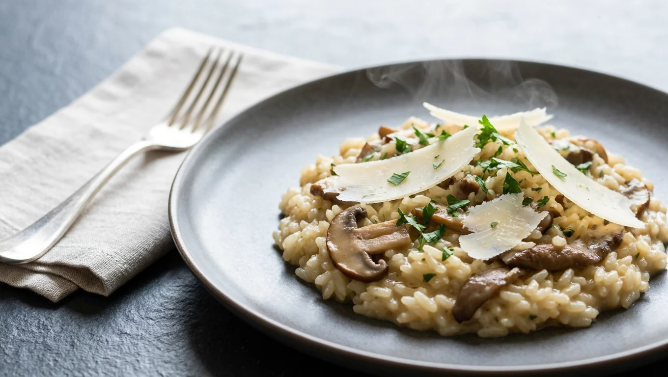 Risotto crémeux aux champignons frais et parmesan dans une assiette élégante