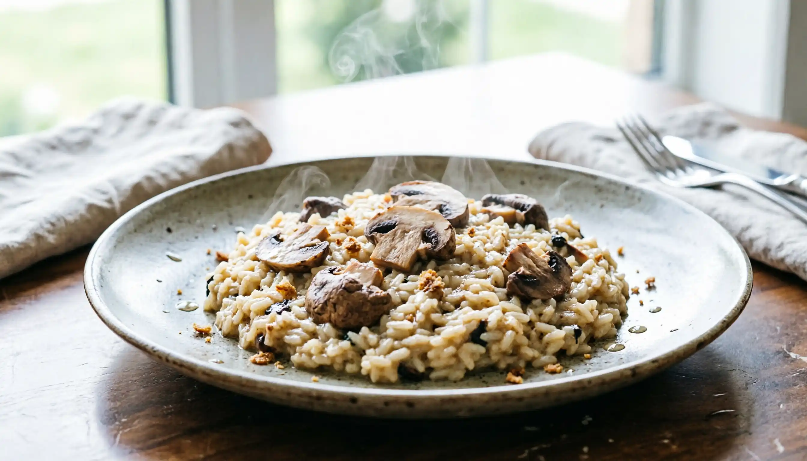 Risotto crémeux aux champignons dans une assiette élégante