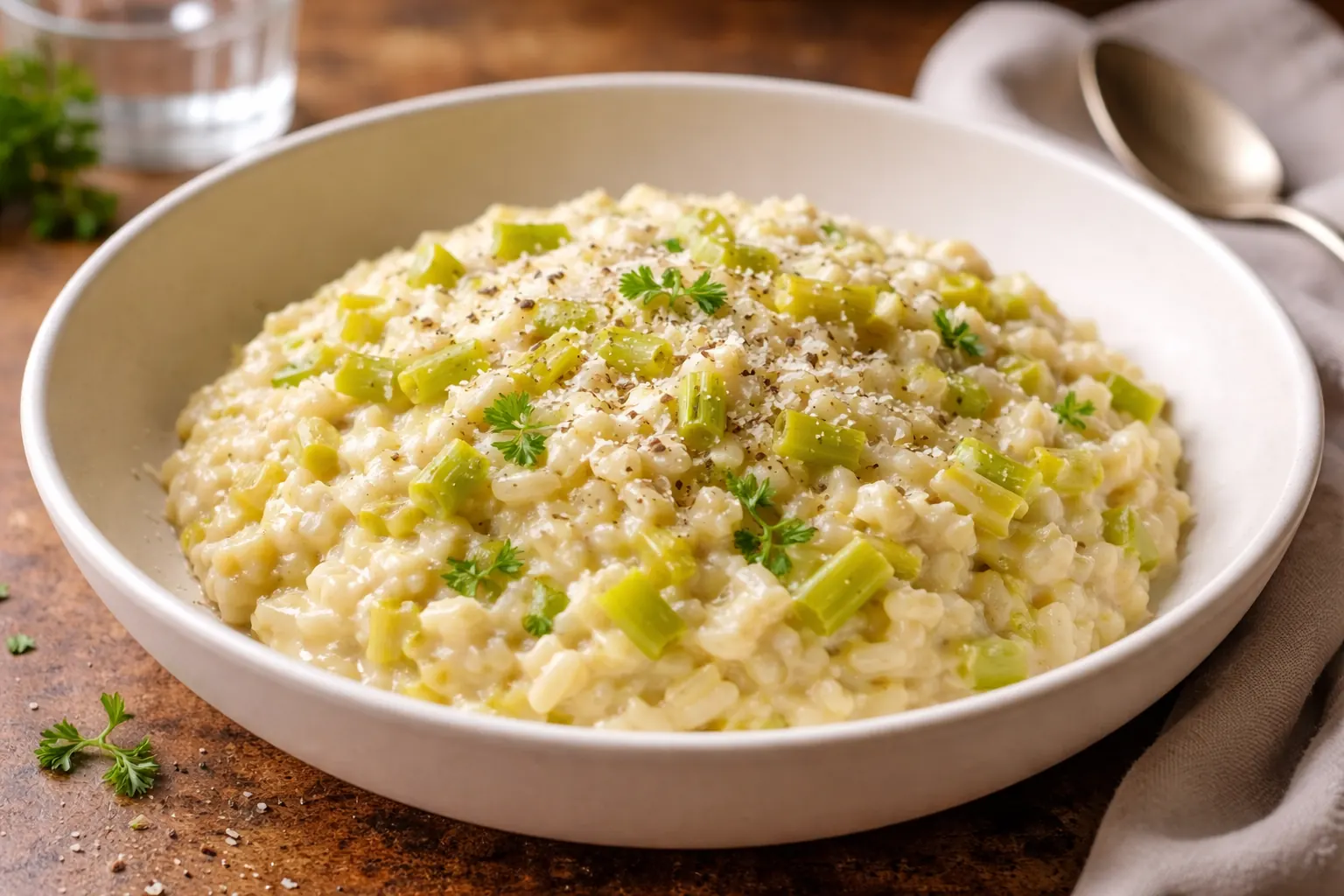 Risotto crémeux aux poireaux servi chaud