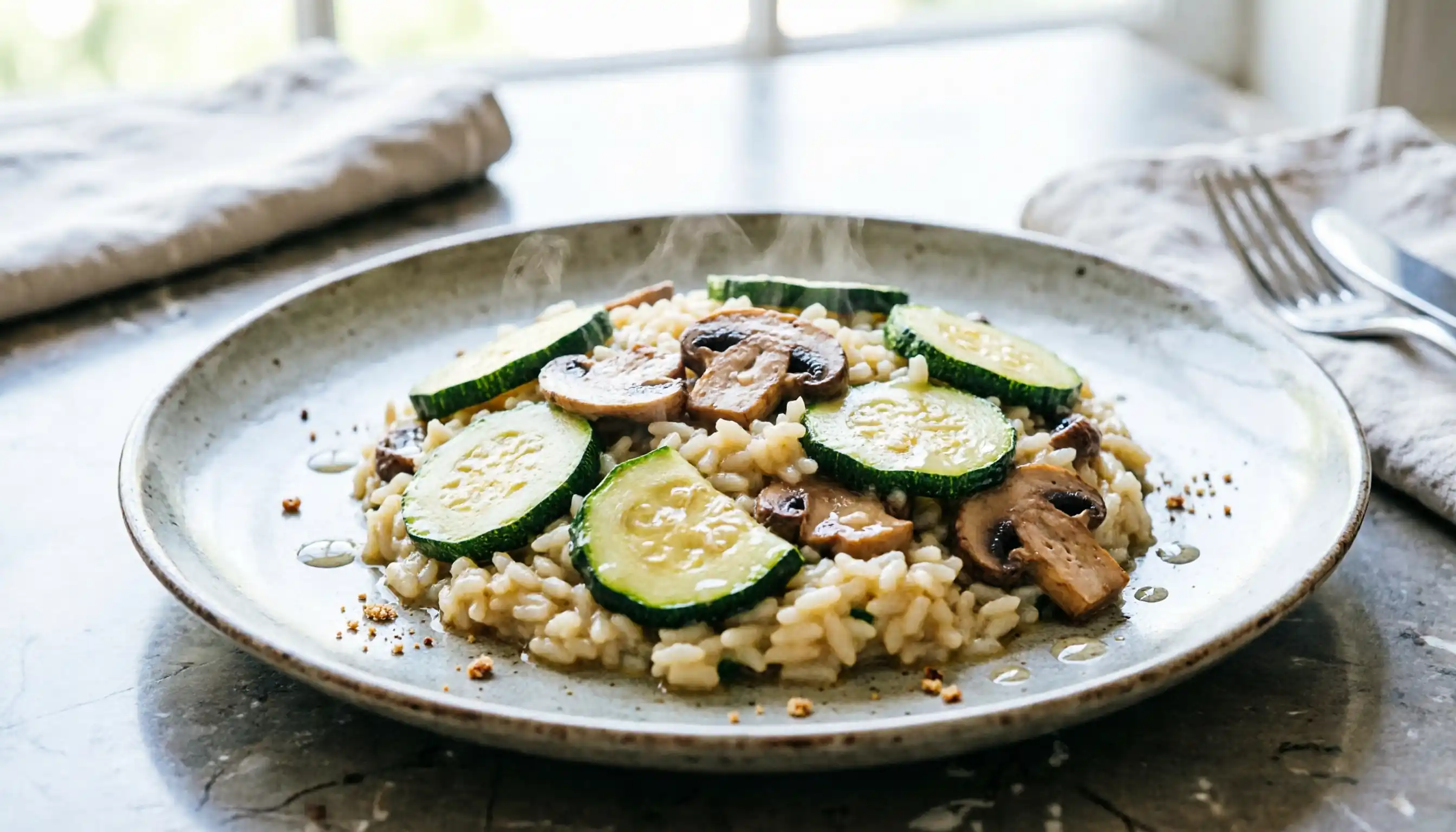 Risotto crémeux aux courgettes et champignons dans une assiette élégante