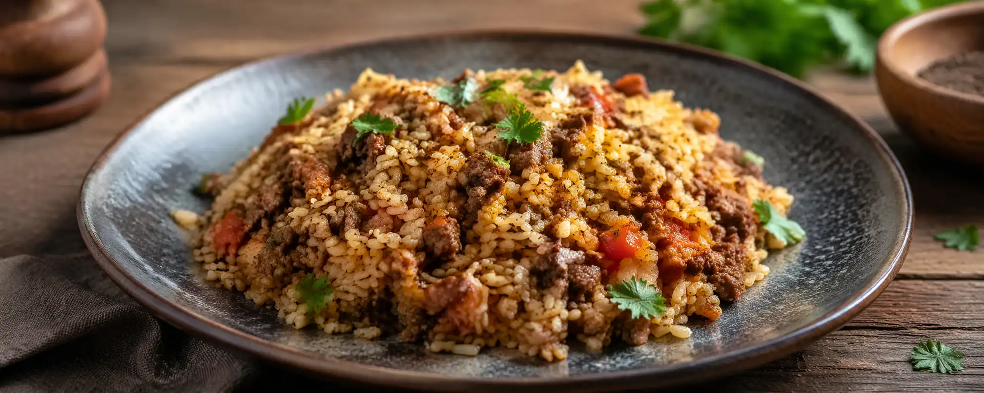 Plat de riz à la viande hachée avec sauce tomate