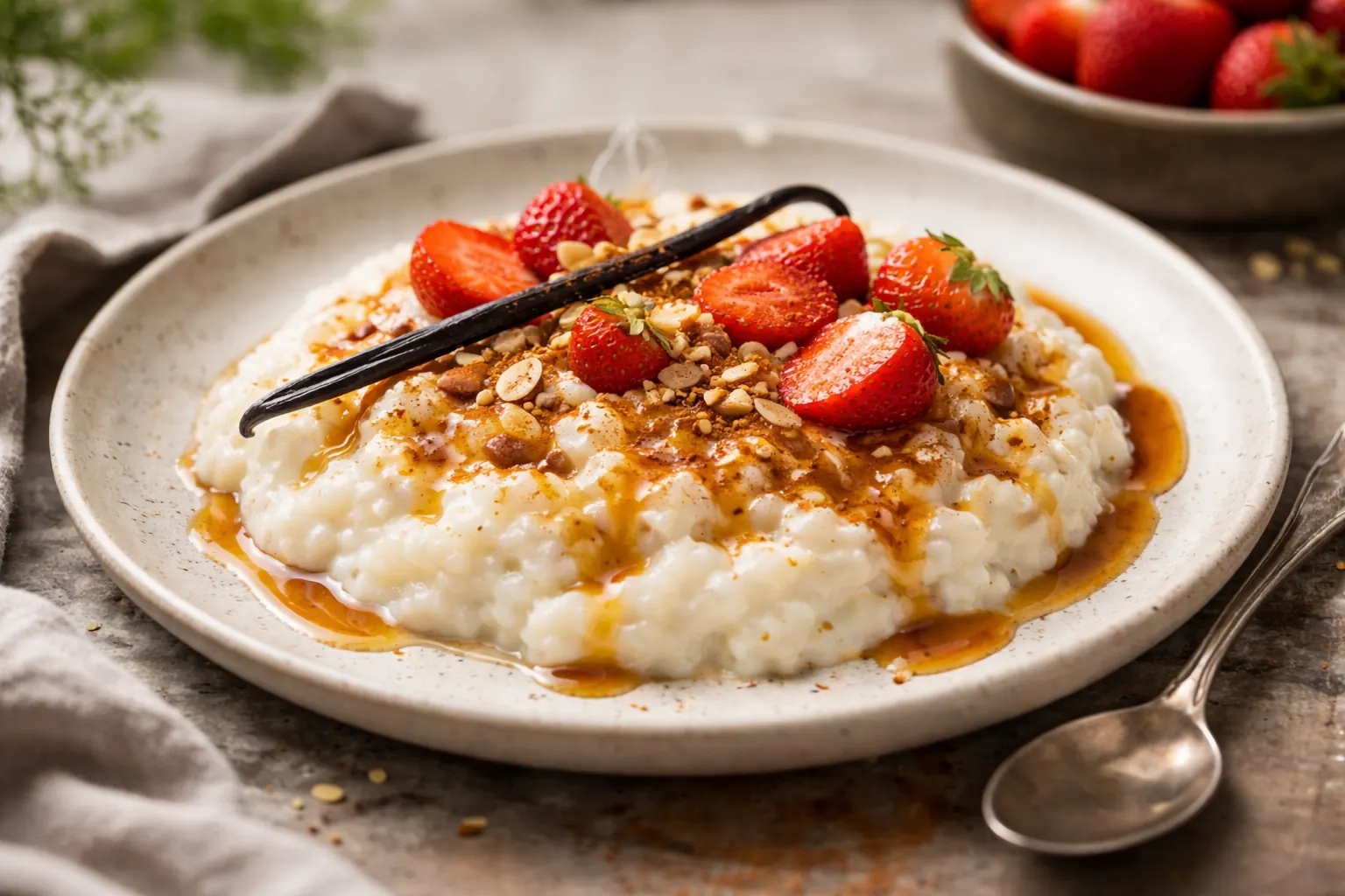 Bol de riz au lait crémeux parfumé à la vanille