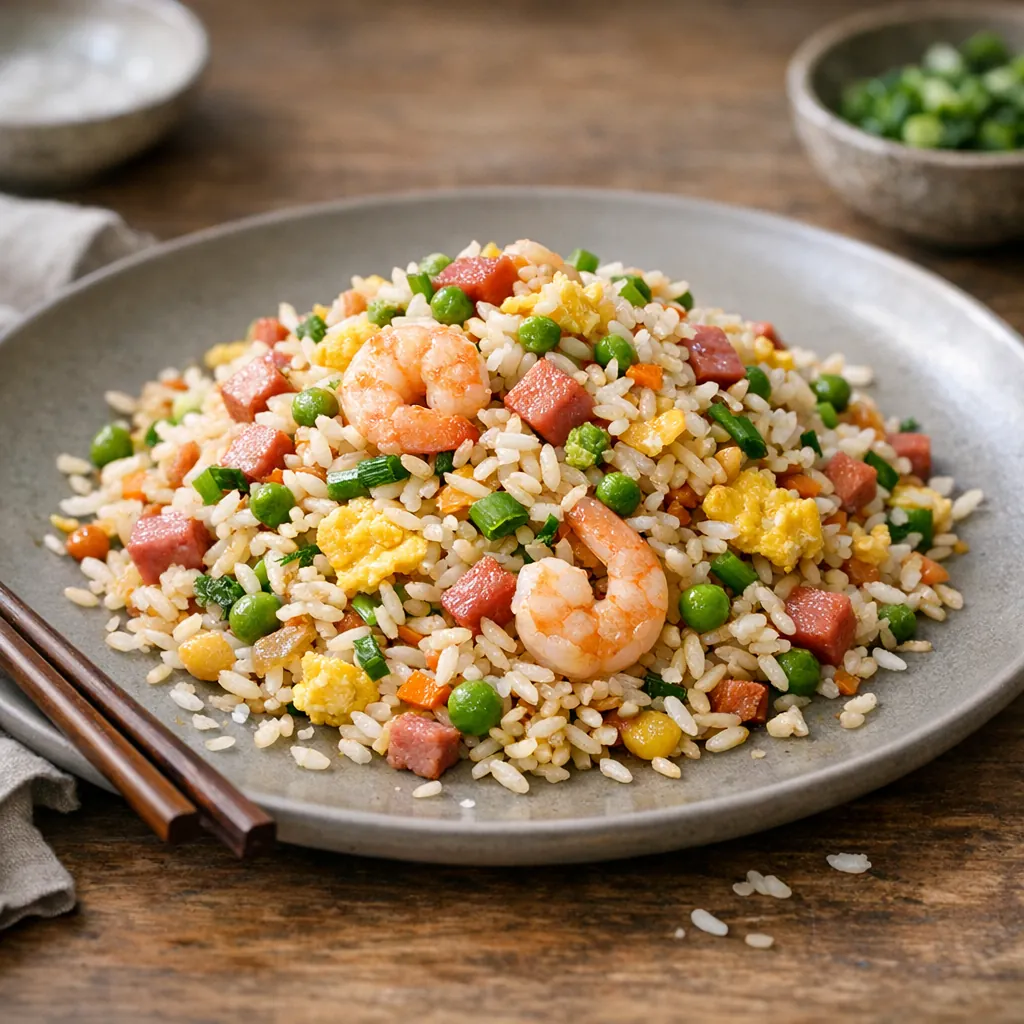 Riz cantonais maison avec œufs, jambon et petits pois