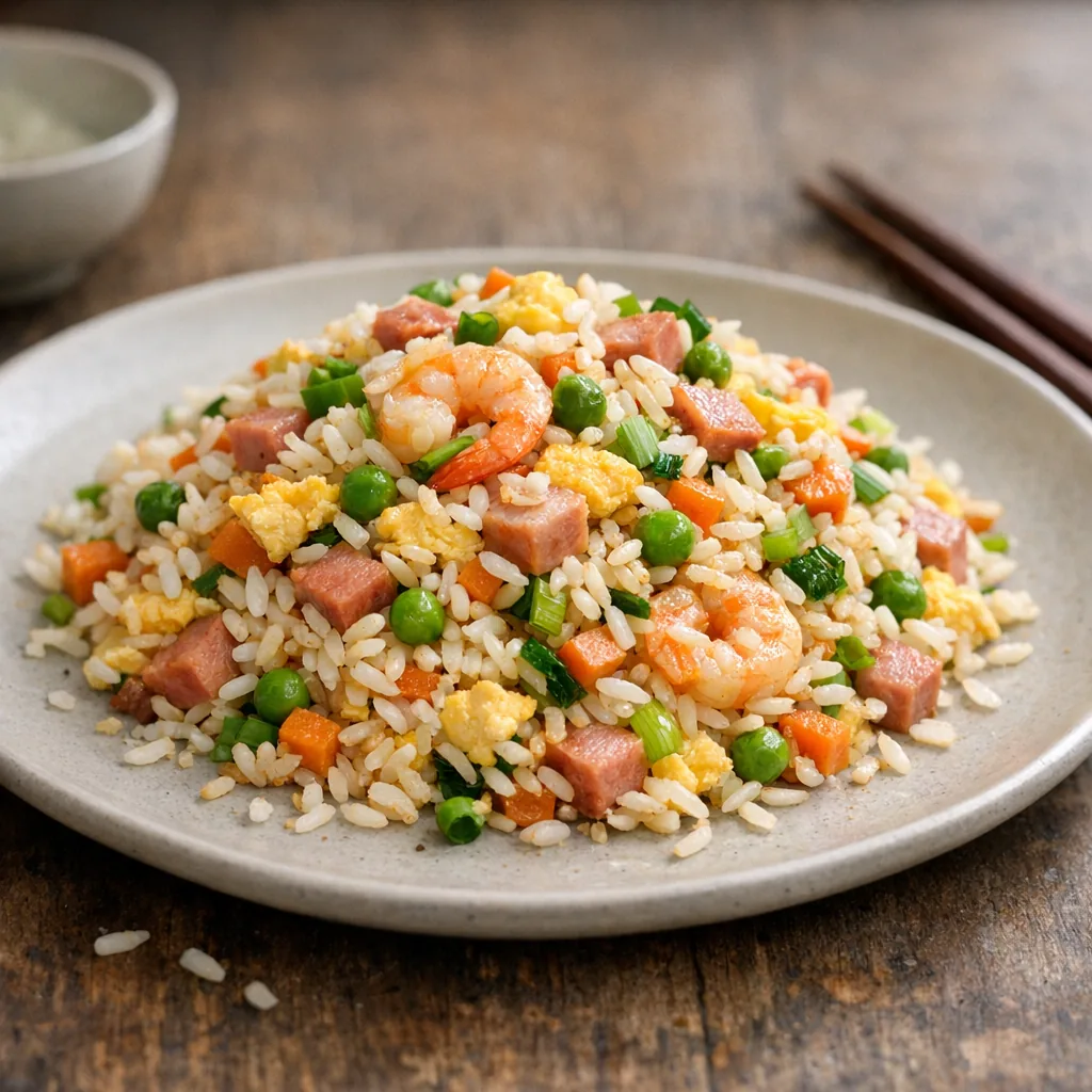 Riz cantonais rapide avec œufs, jambon et légumes