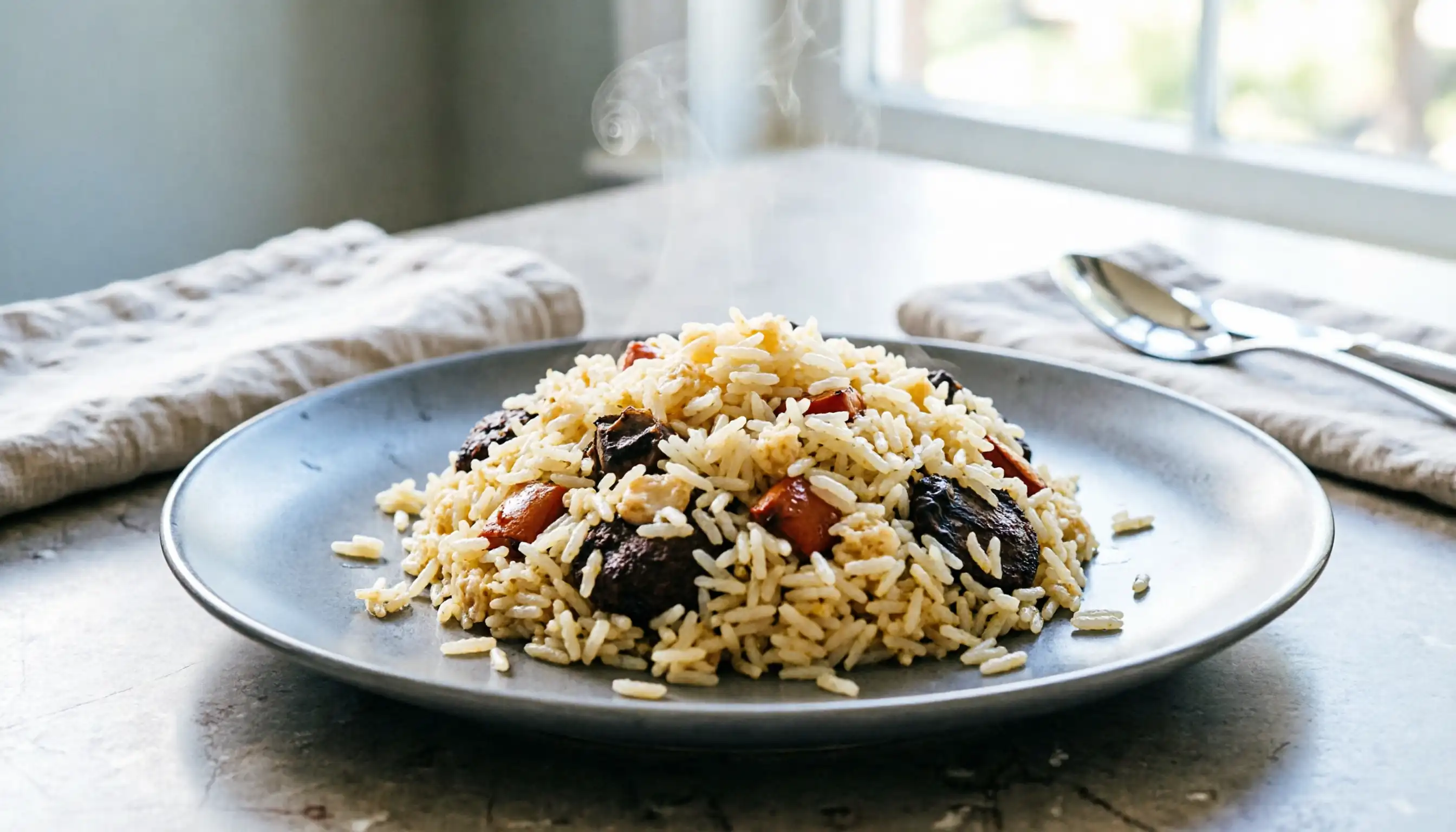 Riz pilaf doré et moelleux servi dans un plat simple et appétissant