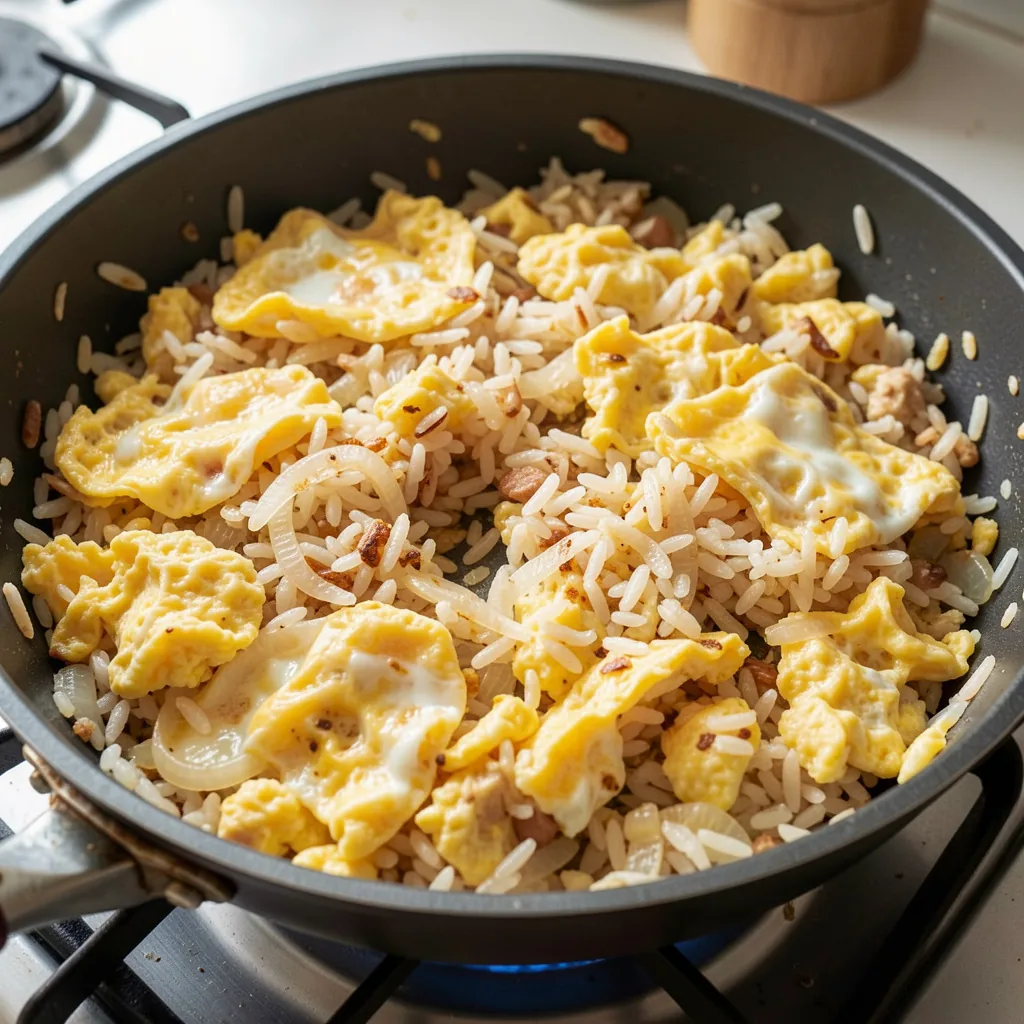 Riz sauté aux œufs simple dans une poêle avec oignon