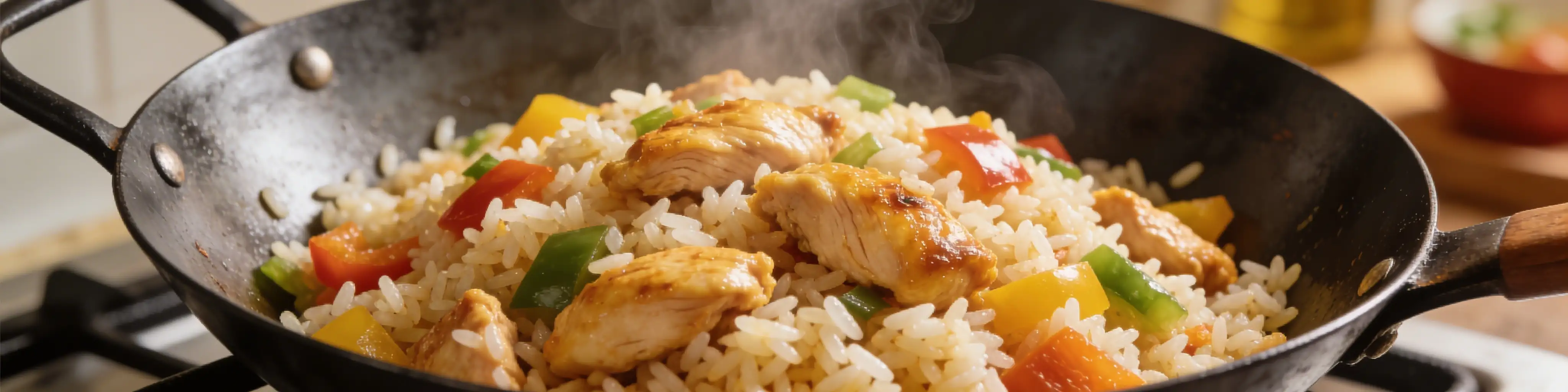 Riz sauté au poulet avec légumes dans un wok
