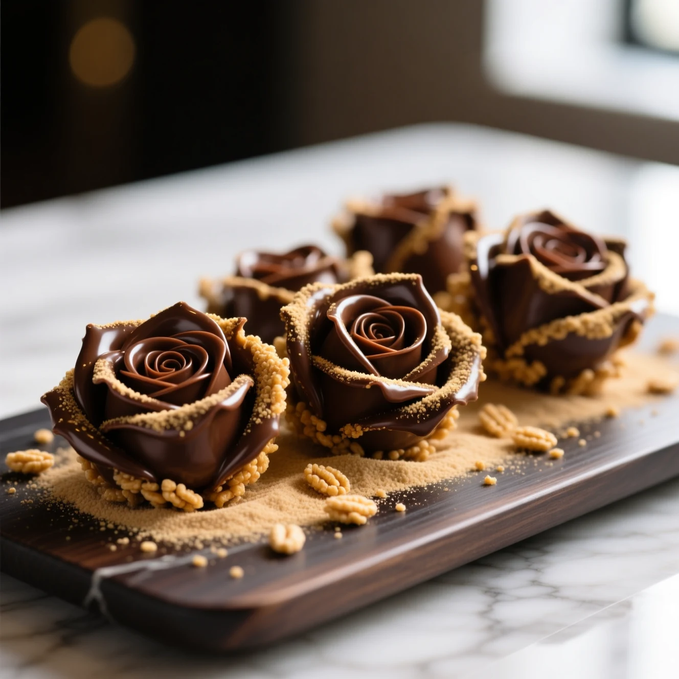Roses des sables au chocolat croustillantes en petits tas sur une assiette