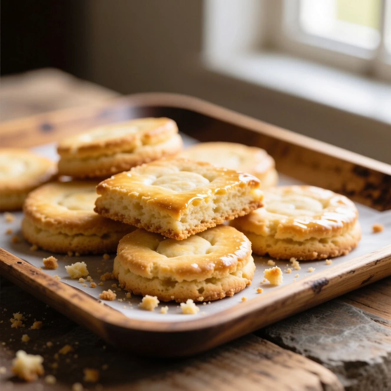 Sablés bretons dorés et épais sur une assiette rustique