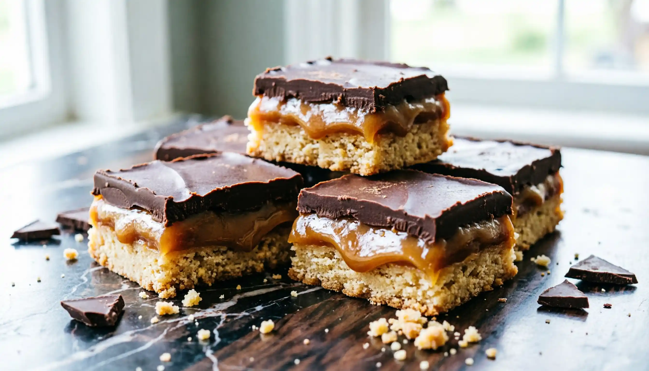 Sablés du millionnaire avec couche de caramel et chocolat sur une assiette