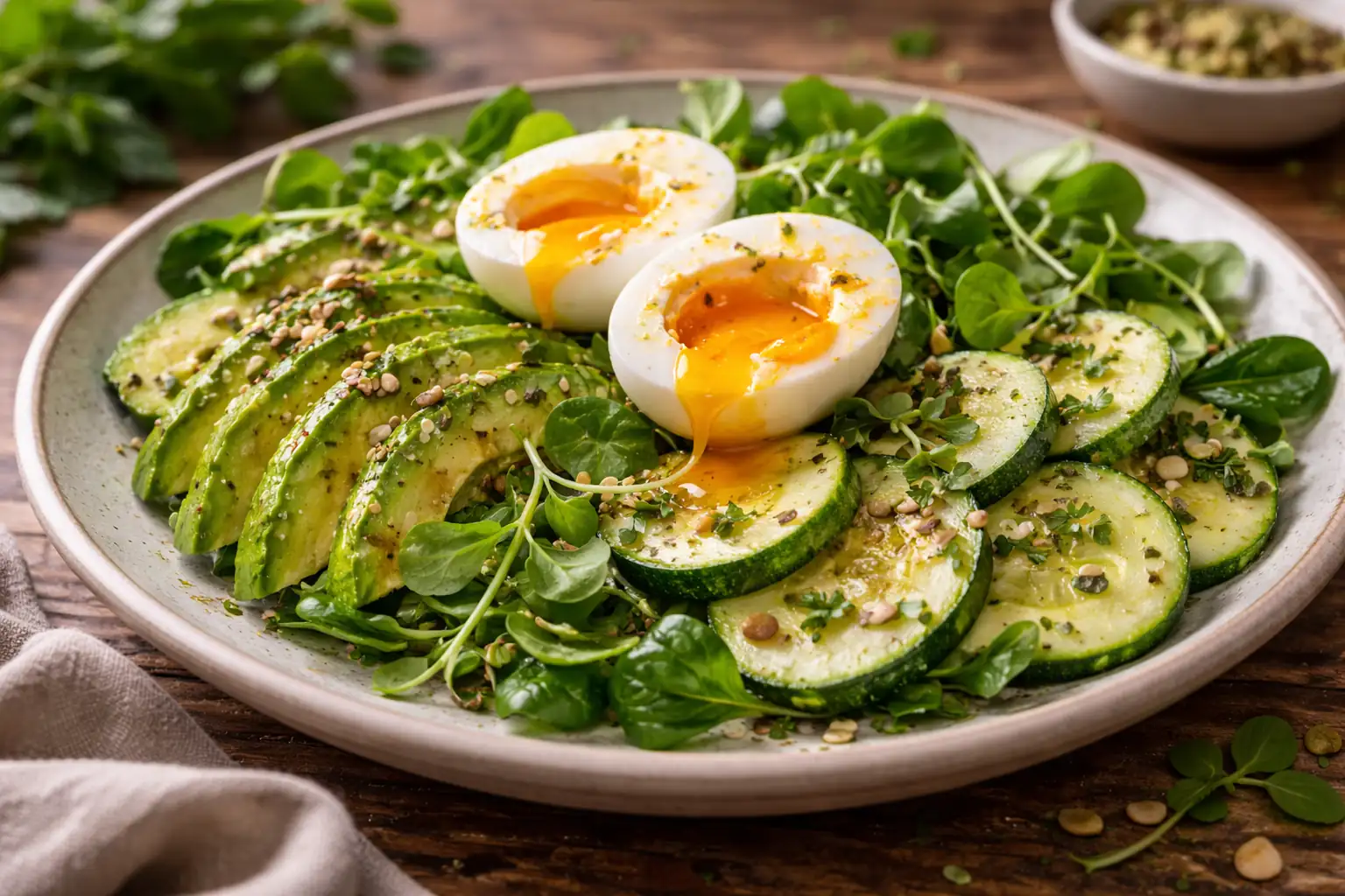salade d’avocat et courgette avec œuf mollet coulant
