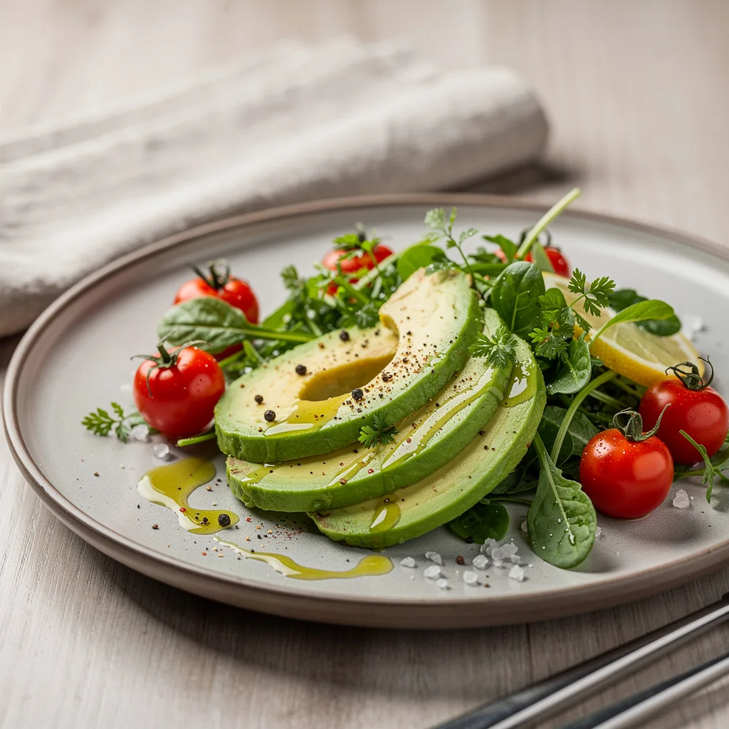 Salade d’avocat avec tomates, citron et herbes fraîches dans une assiette