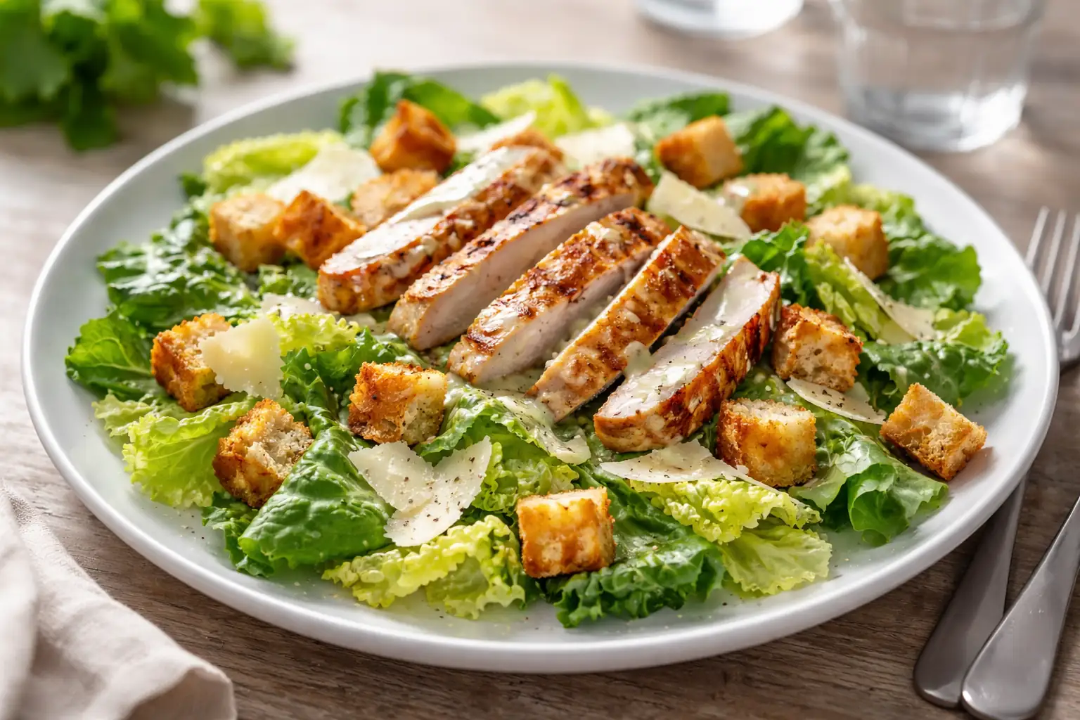Salade César avec poulet grillé, croûtons dorés, parmesan et sauce crémeuse