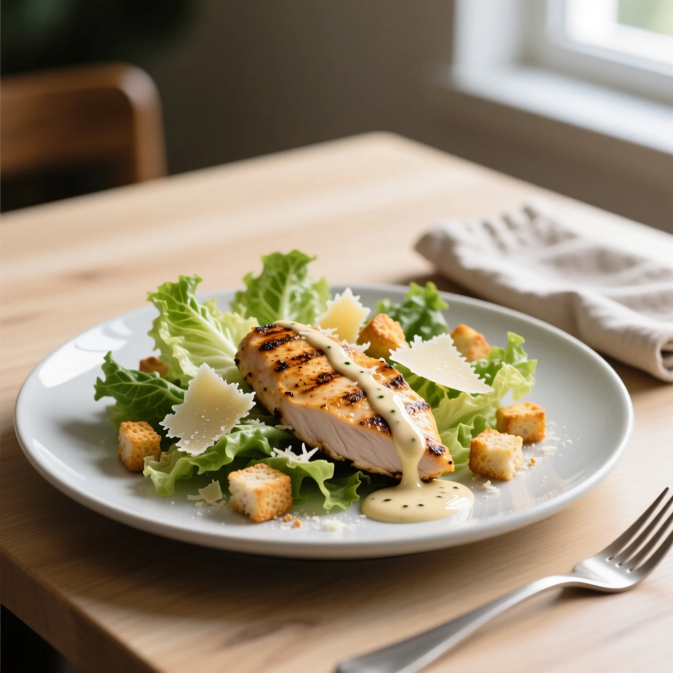 Salade César avec poulet grillé, croûtons dorés, parmesan et sauce crémeuse