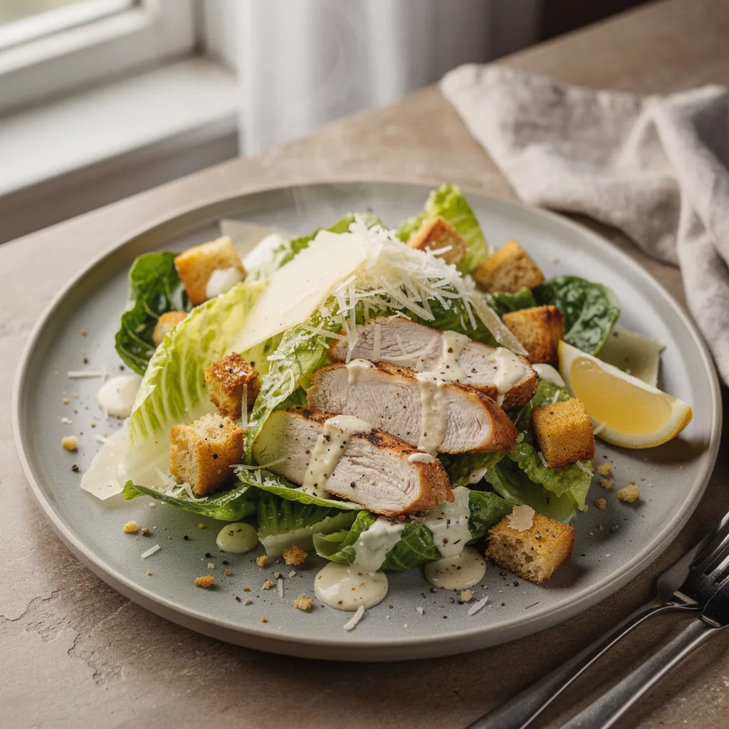Salade César au poulet avec croûtons dorés, parmesan et sauce crémeuse dans un bol