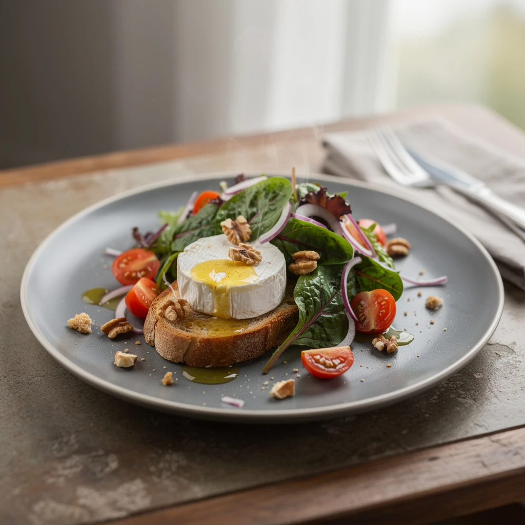 Salade de chèvre chaud avec toasts dorés au fromage de chèvre et salade verte fraîche