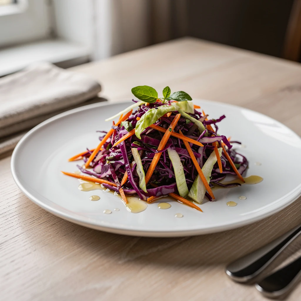 Salade de chou rouge râpé avec carottes et vinaigrette légère