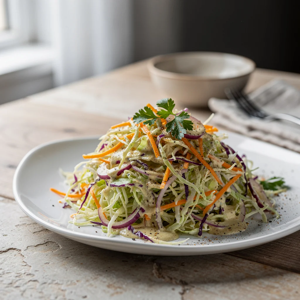 Salade coleslaw crémeuse avec chou et carottes râpées dans un bol frais