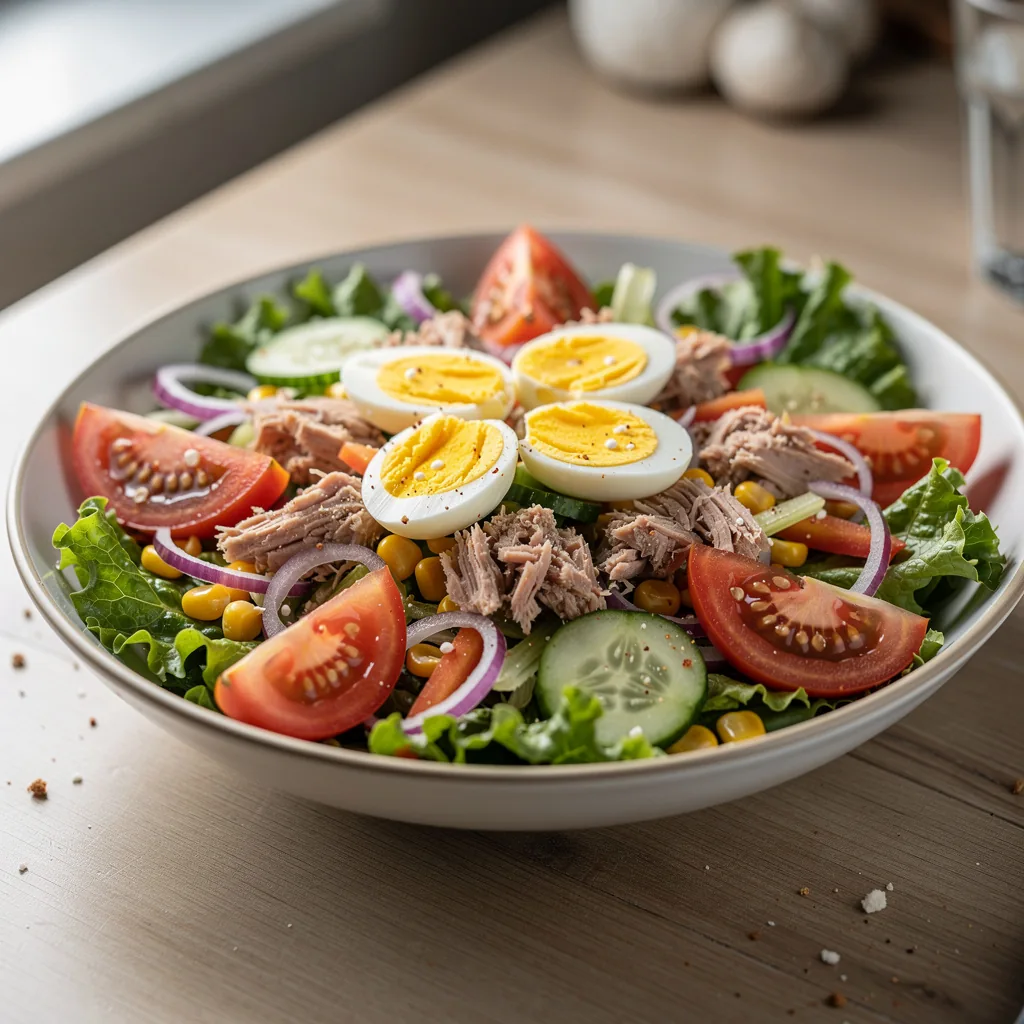 Salade composée avec légumes frais, œufs, thon et vinaigrette dans un grand saladier