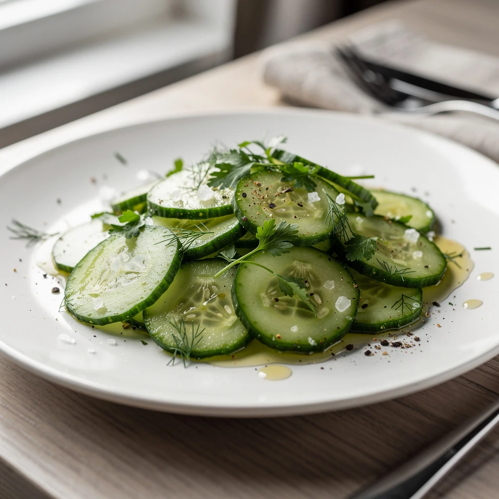 Salade de concombre en rondelles avec herbes fraîches et vinaigrette légère