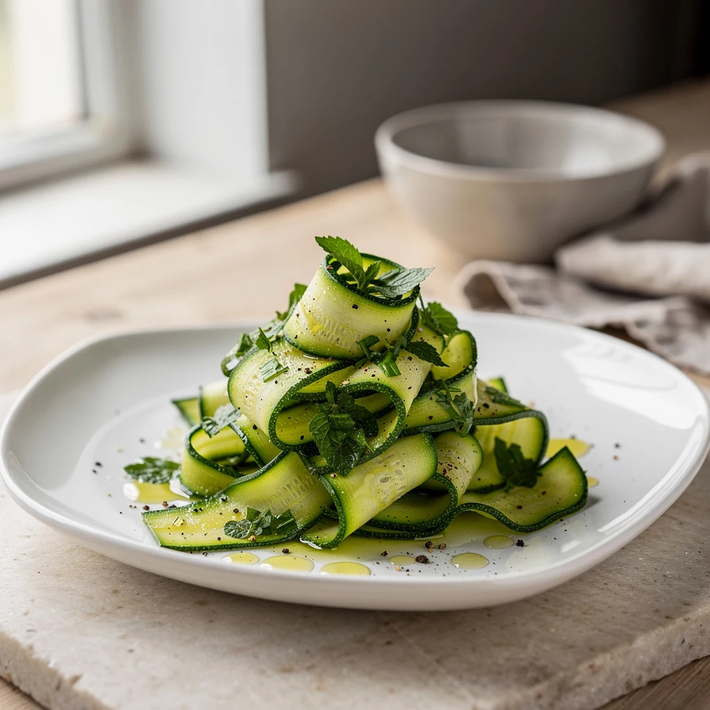 Salade de courgettes crues en fines lamelles avec citron, huile d’olive et herbes fraîches
