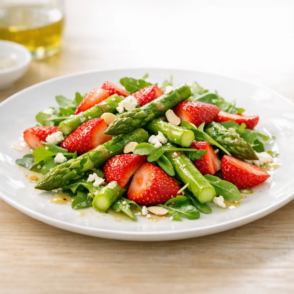 Salade d’asperges vertes et fraises fraîches avec vinaigrette légère servie dans une assiette