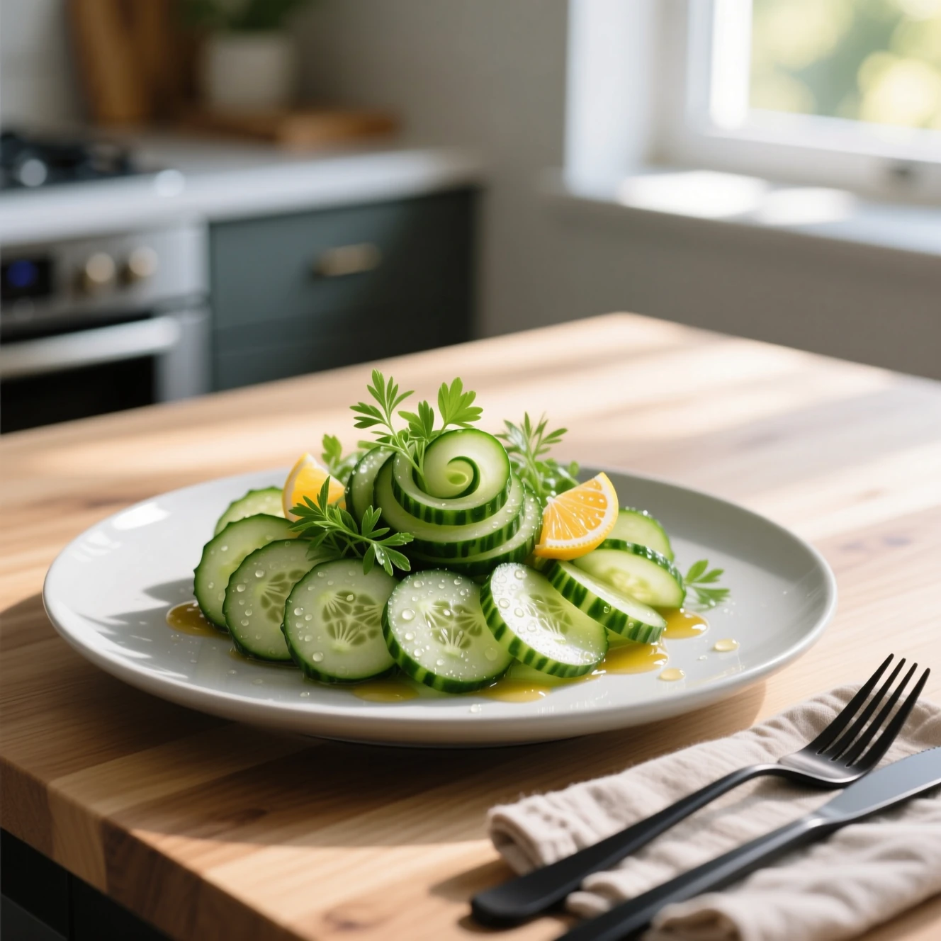 Salade de concombre en rondelles avec herbes fraîches et vinaigrette citronnée