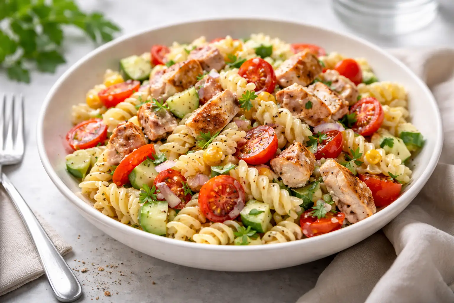 Salade de pâtes au poulet grillé avec légumes frais