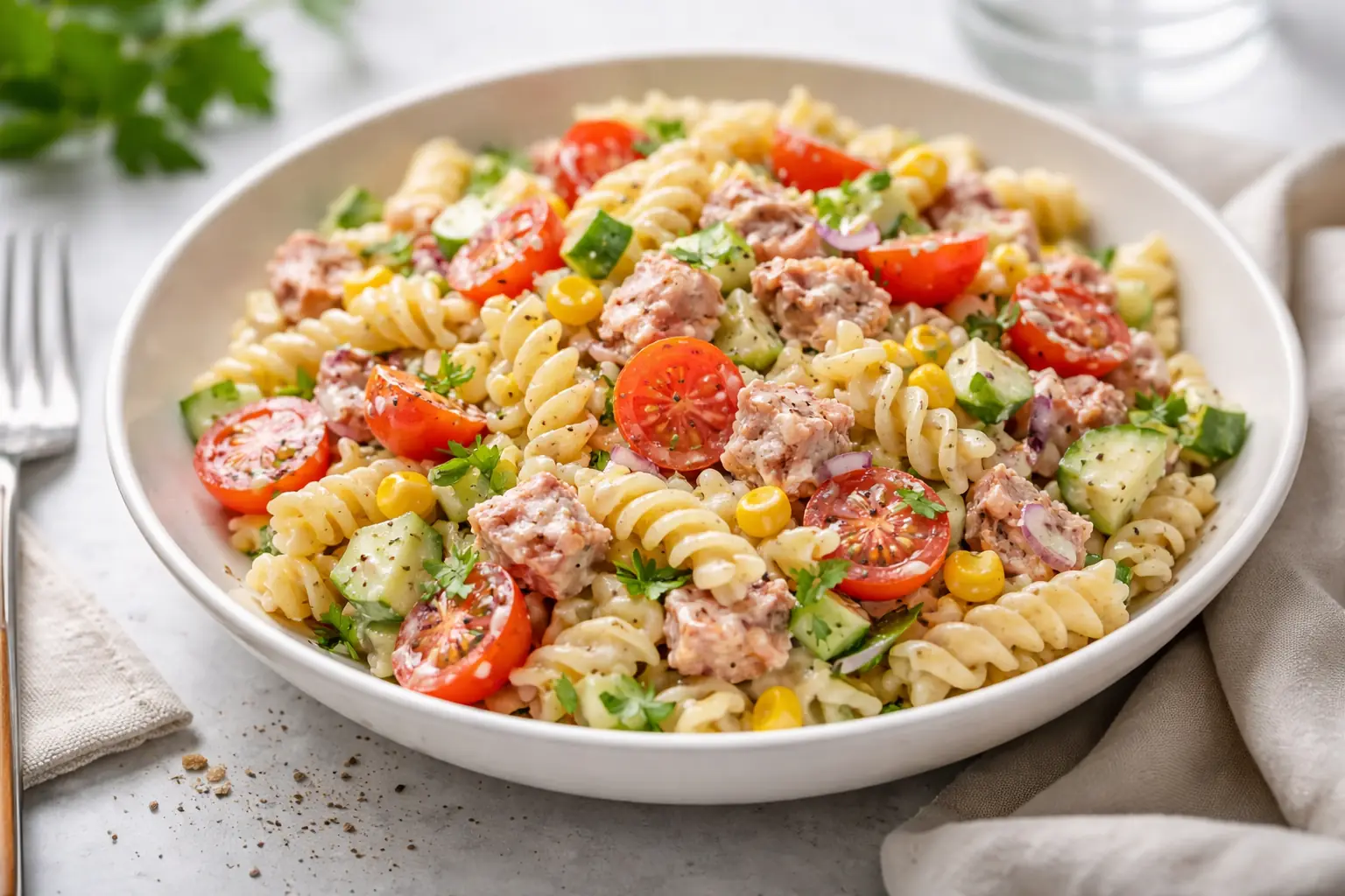 Salade de pâtes au thon avec tomates et maïs
