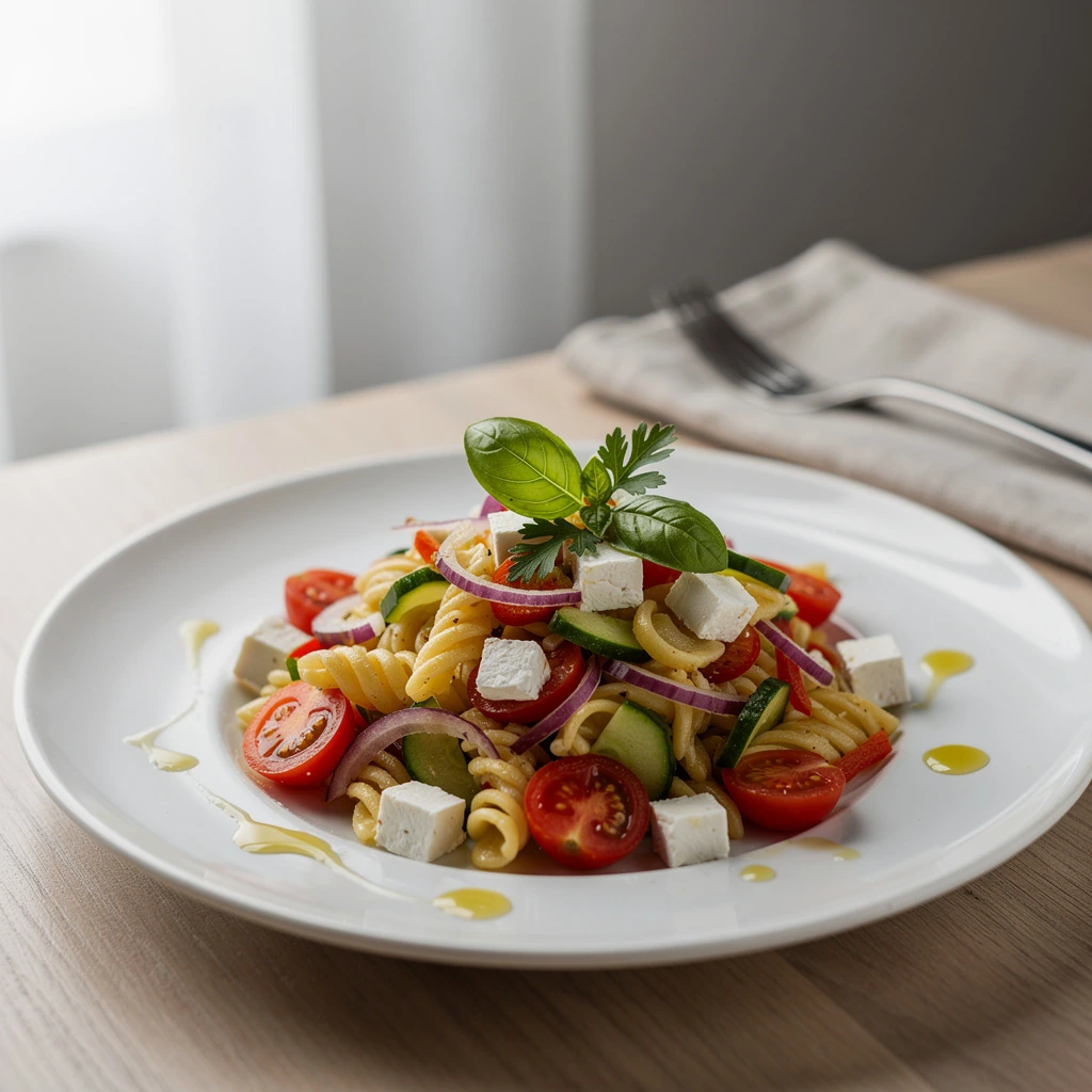 Salade de pâtes froide avec tomates, concombre, olives et vinaigrette