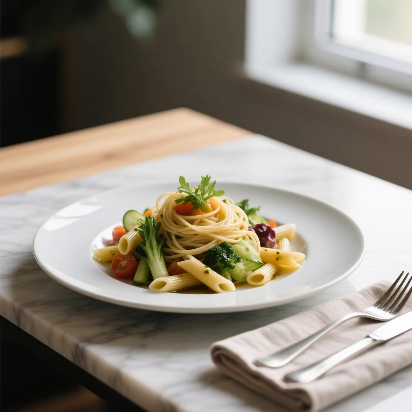 Salade de pâtes froide simple avec légumes frais et vinaigrette légère