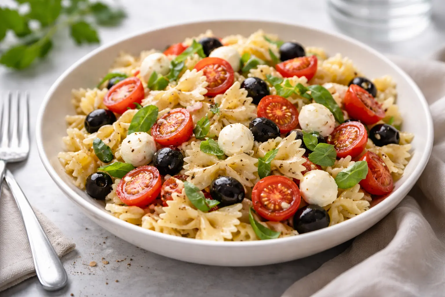 Salade de pâtes italienne avec mozzarella et tomates cerises