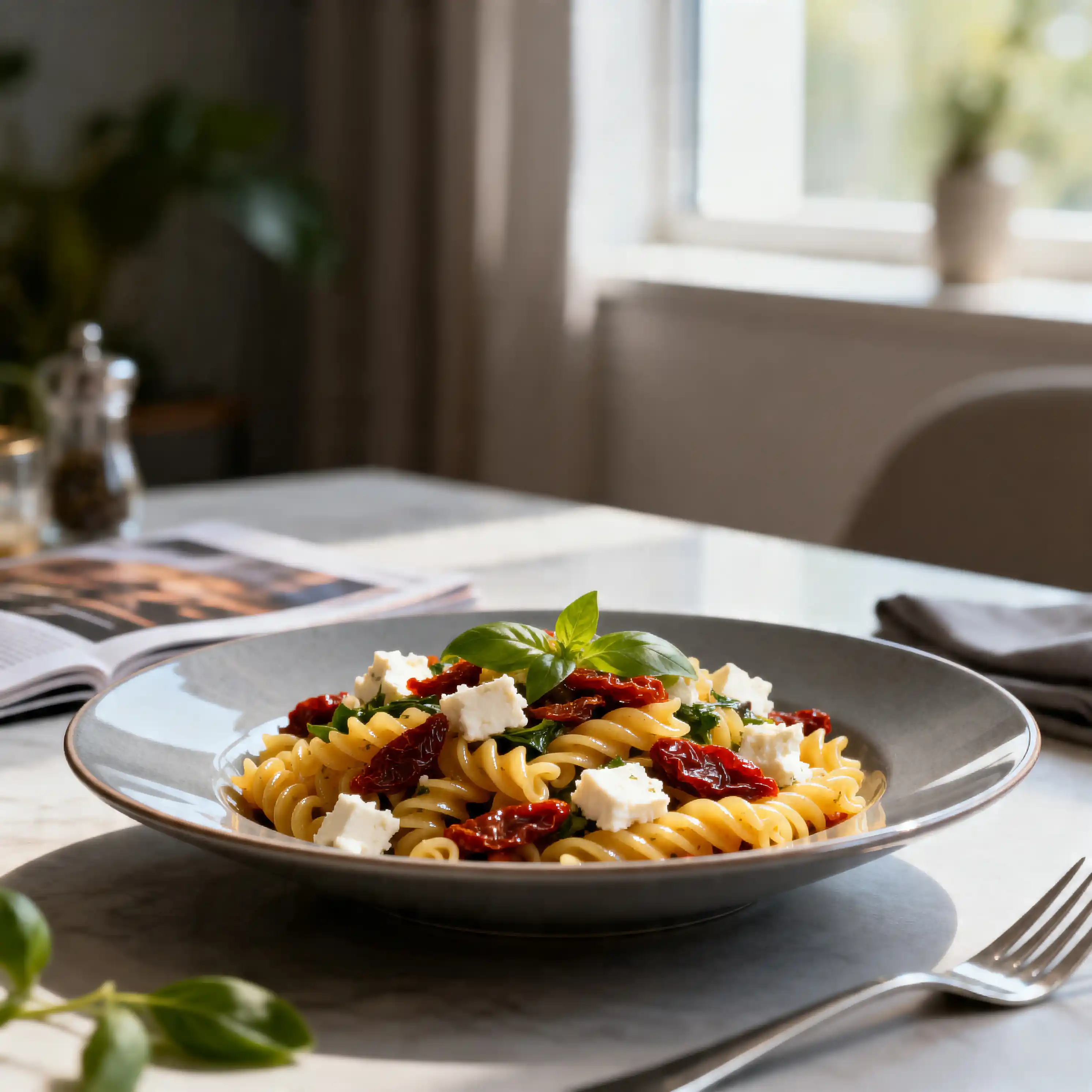 Salade de pâtes colorée avec feta, tomates et herbes fraîches