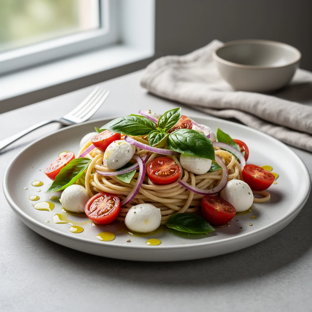 Salade de pâtes méditerranéenne avec olives, tomates séchées et basilic frais dans une assiette