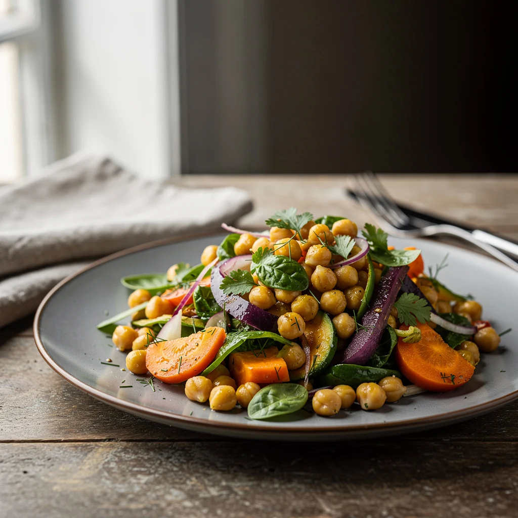 Salade de pois chiches avec légumes frais, herbes et vinaigrette dans un saladier
