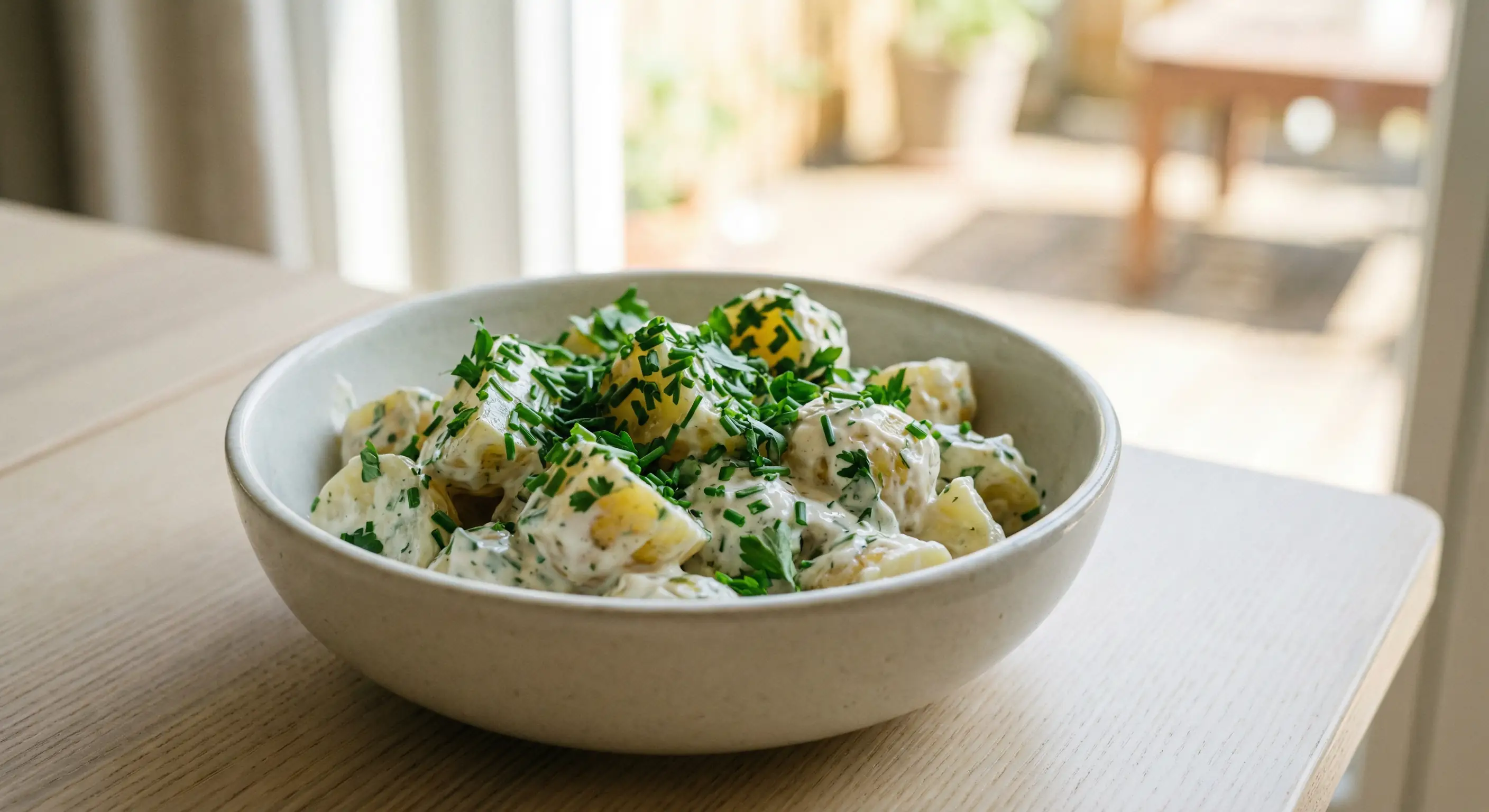 Salade de pommes de terre au yaourt crémeuse avec herbes fraîches servie dans un bol