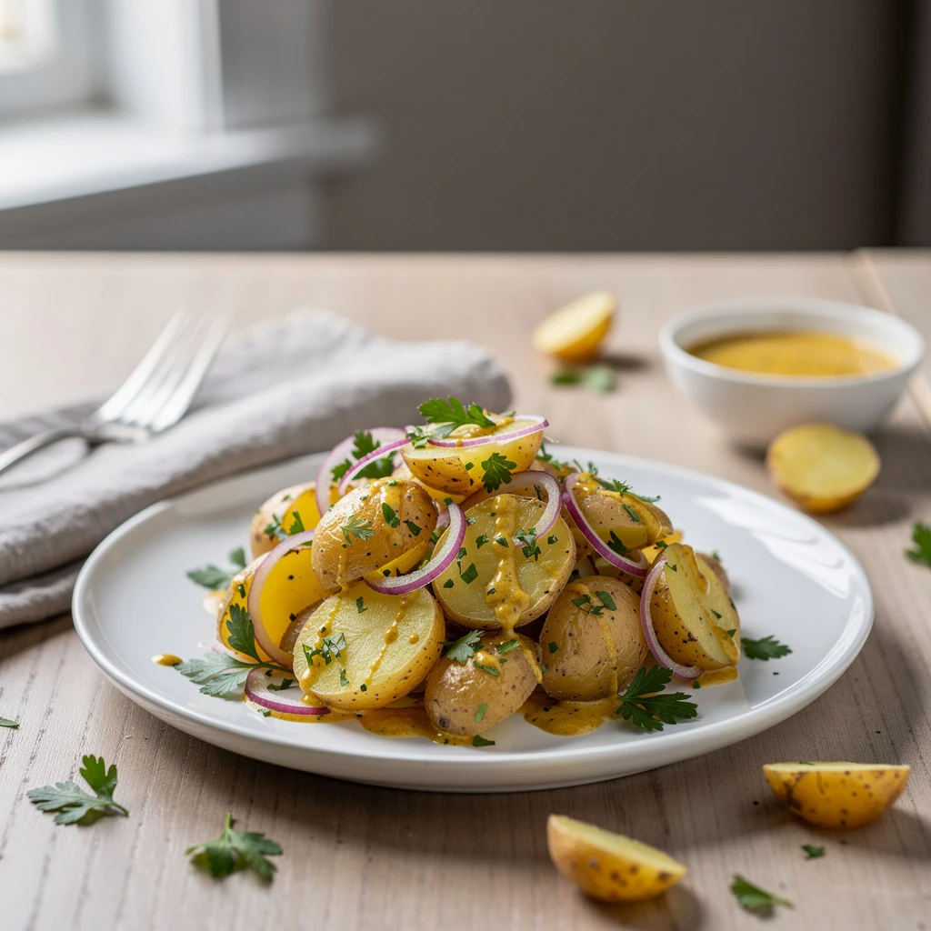 Salade de pommes de terre avec vinaigrette, oignons rouges et persil frais dans un saladier