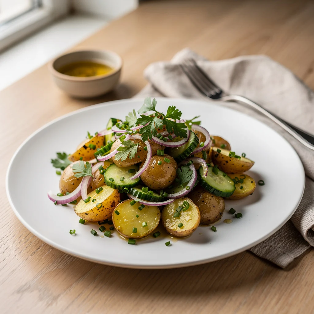 Salade de pommes de terre tiède avec vinaigrette, oignons et herbes fraîches dans un saladier