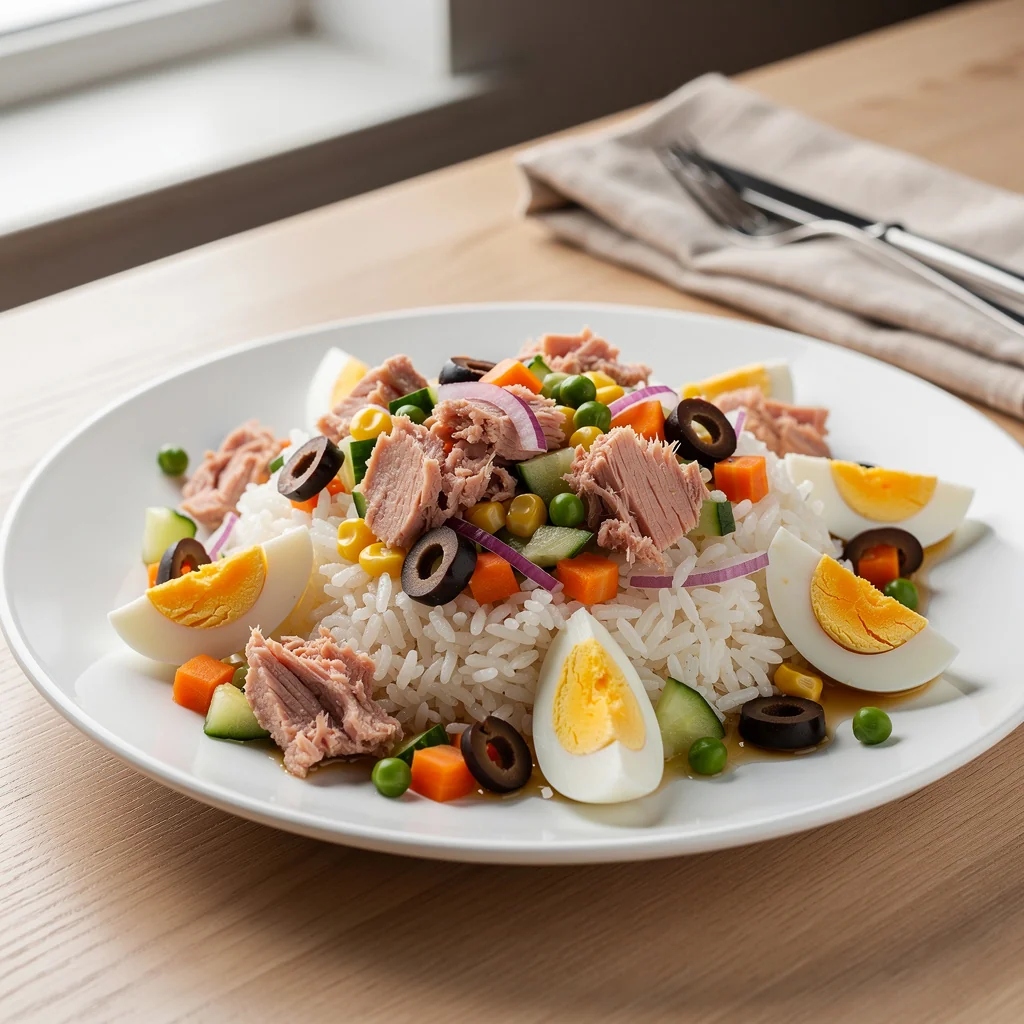 Salade de riz au thon avec maïs, tomates, œufs et olives dans un saladier