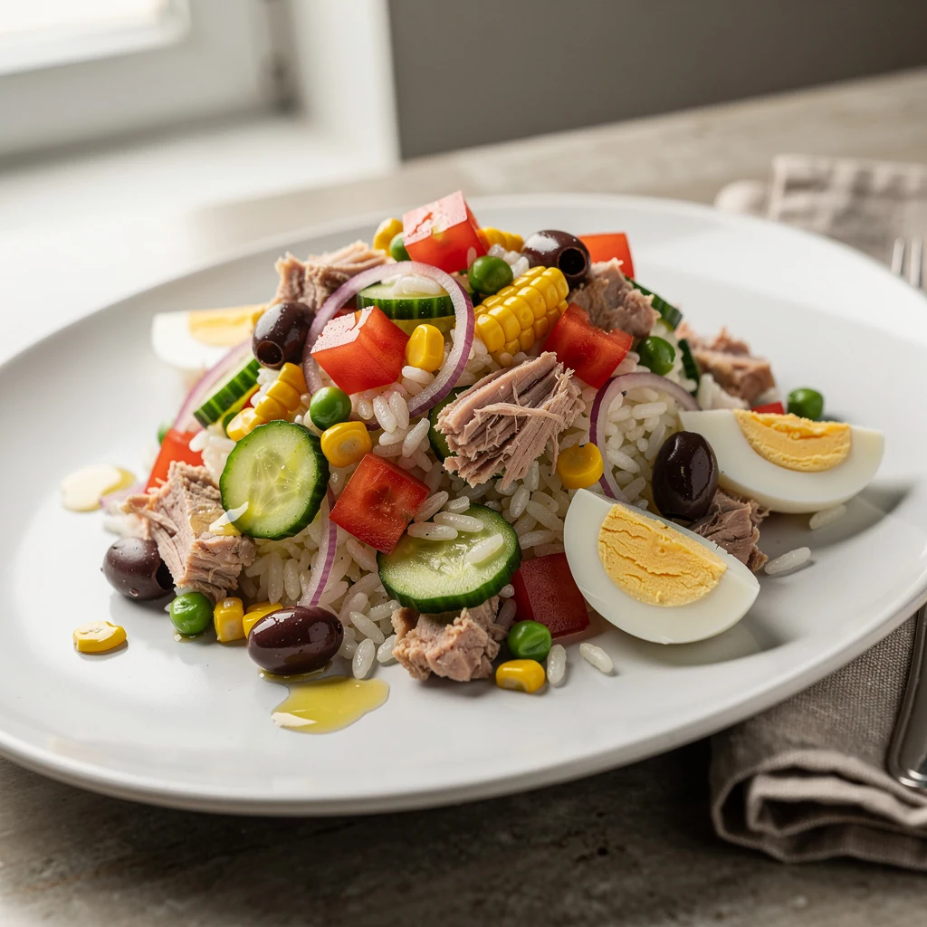 Salade de riz maison colorée avec thon, maïs, tomates et œufs durs