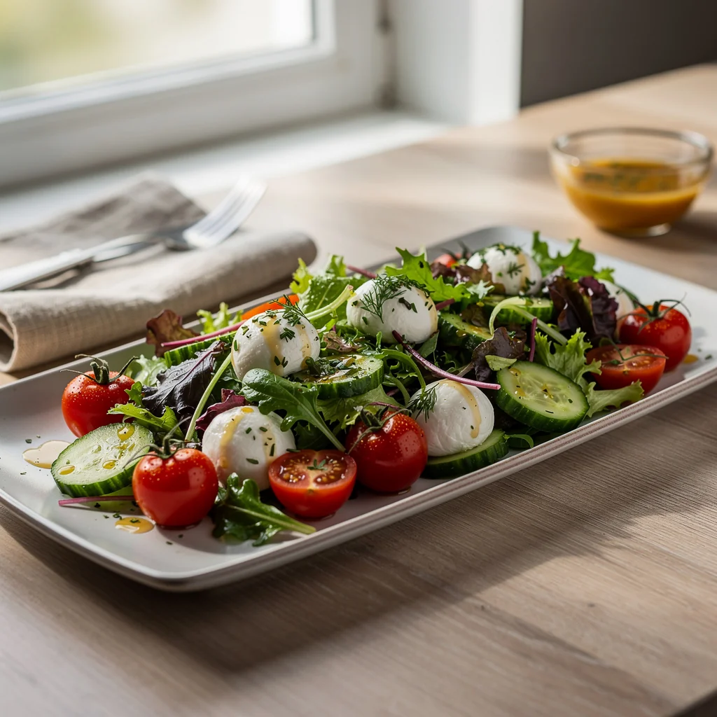 Salade d’été colorée avec tomates, concombre, mozzarella et herbes fraîches