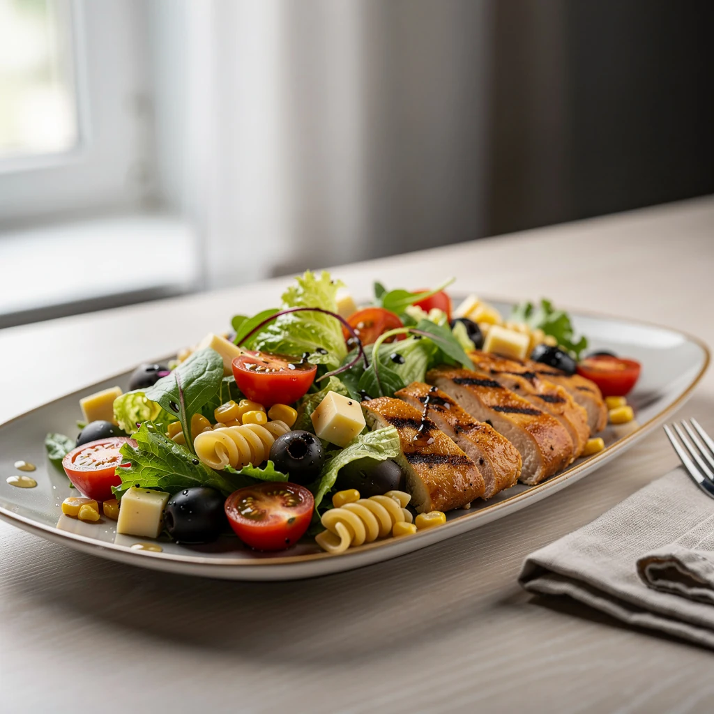 Salade composée façon Sodebo avec pâtes, poulet, crudités et sauce fraîche