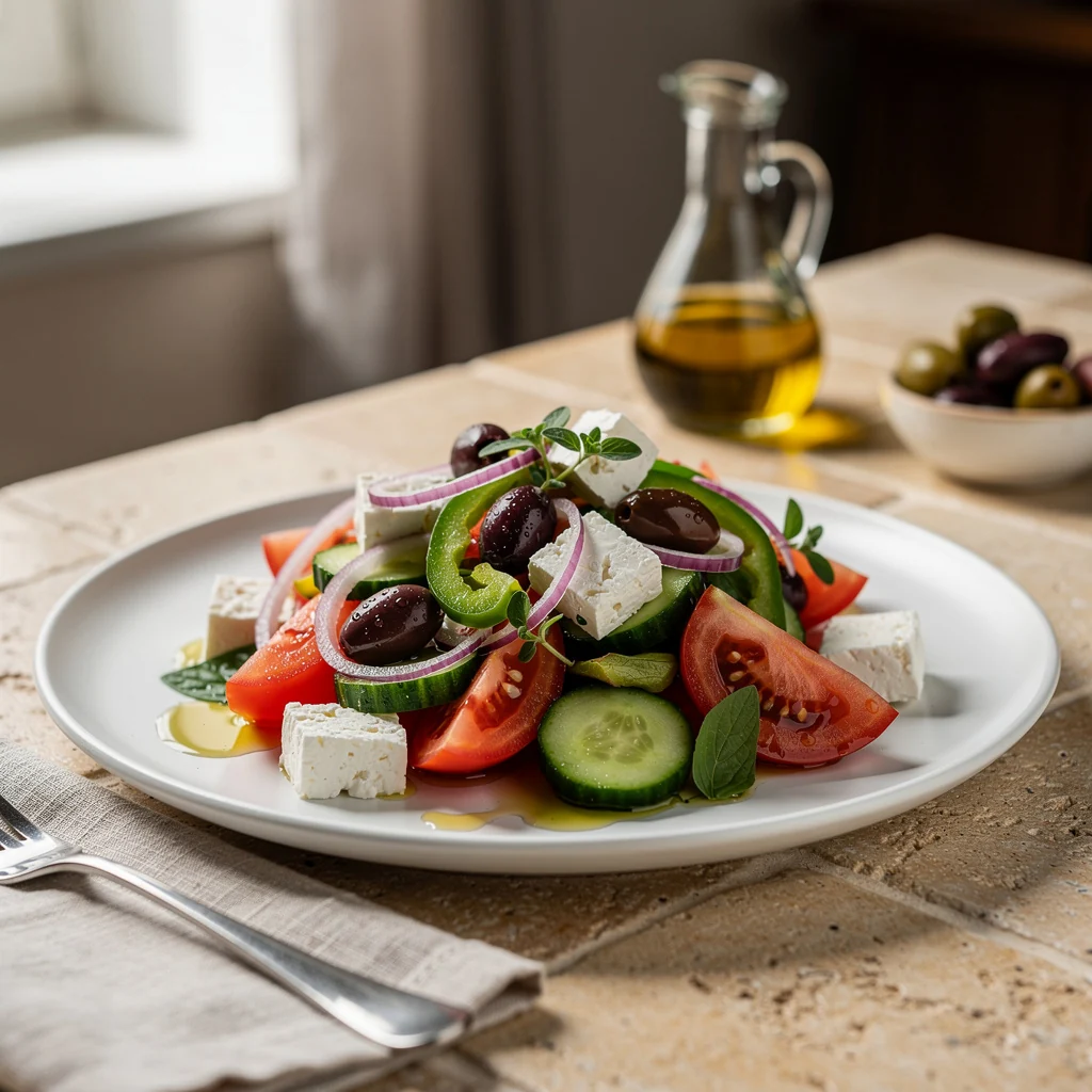 Salade grecque avec tomates, concombre, feta, olives et oignons rouges