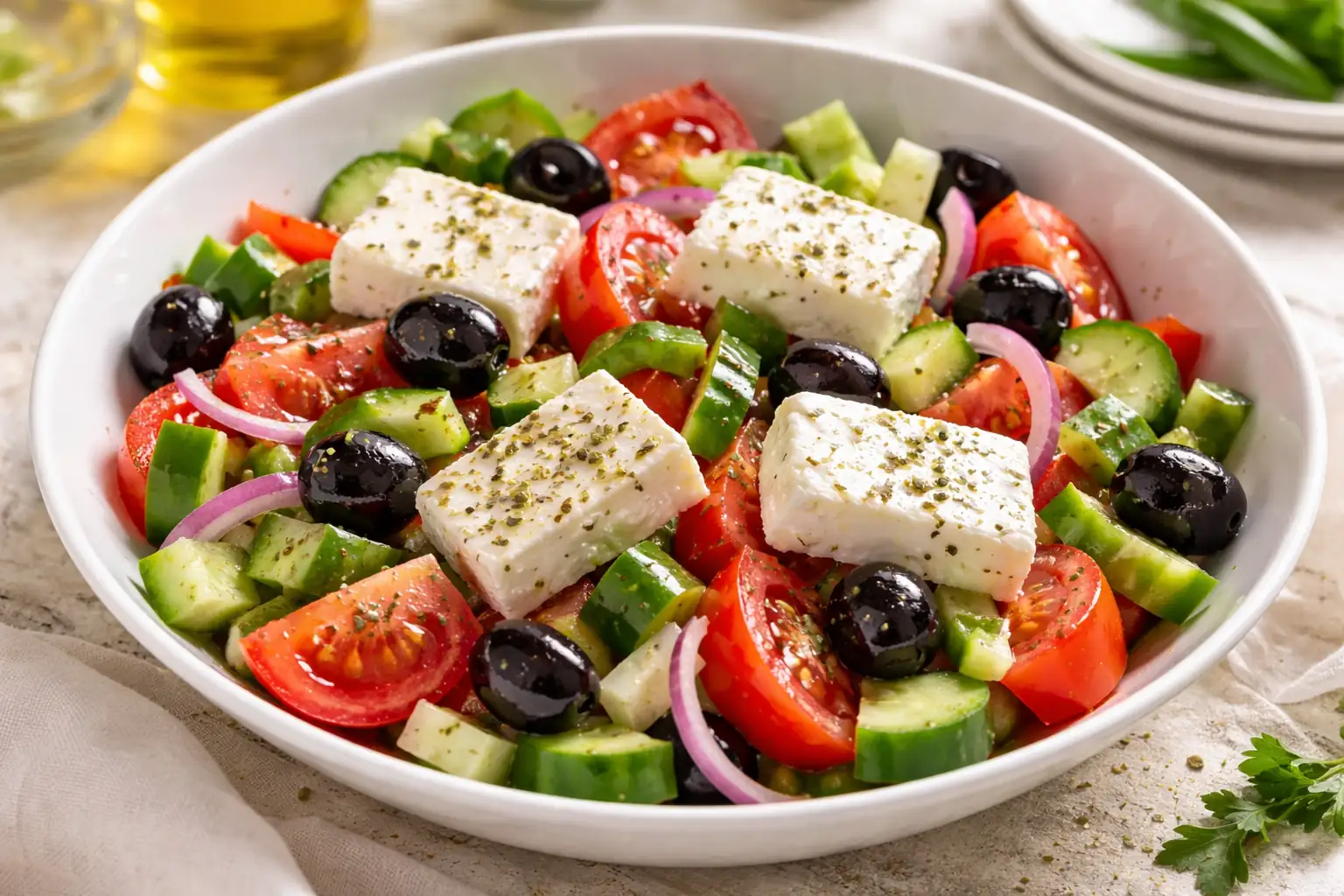 Salade grecque avec feta, tomates, concombre et olives