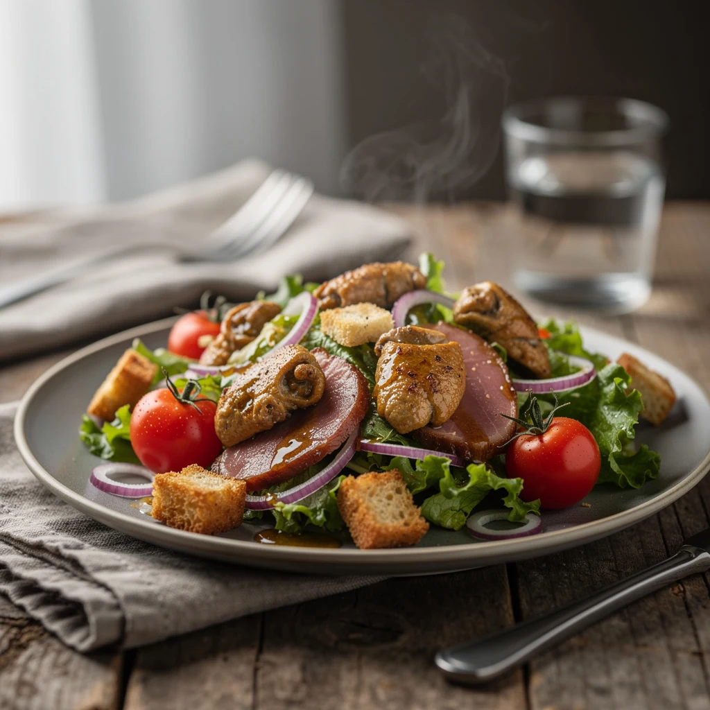 Salade landaise avec gésiers de canard, magret fumé, salade verte et tomates