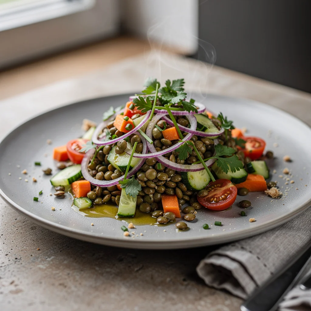 Salade de lentilles vertes assaisonnée, échalotes et herbes fraîches dans un bol