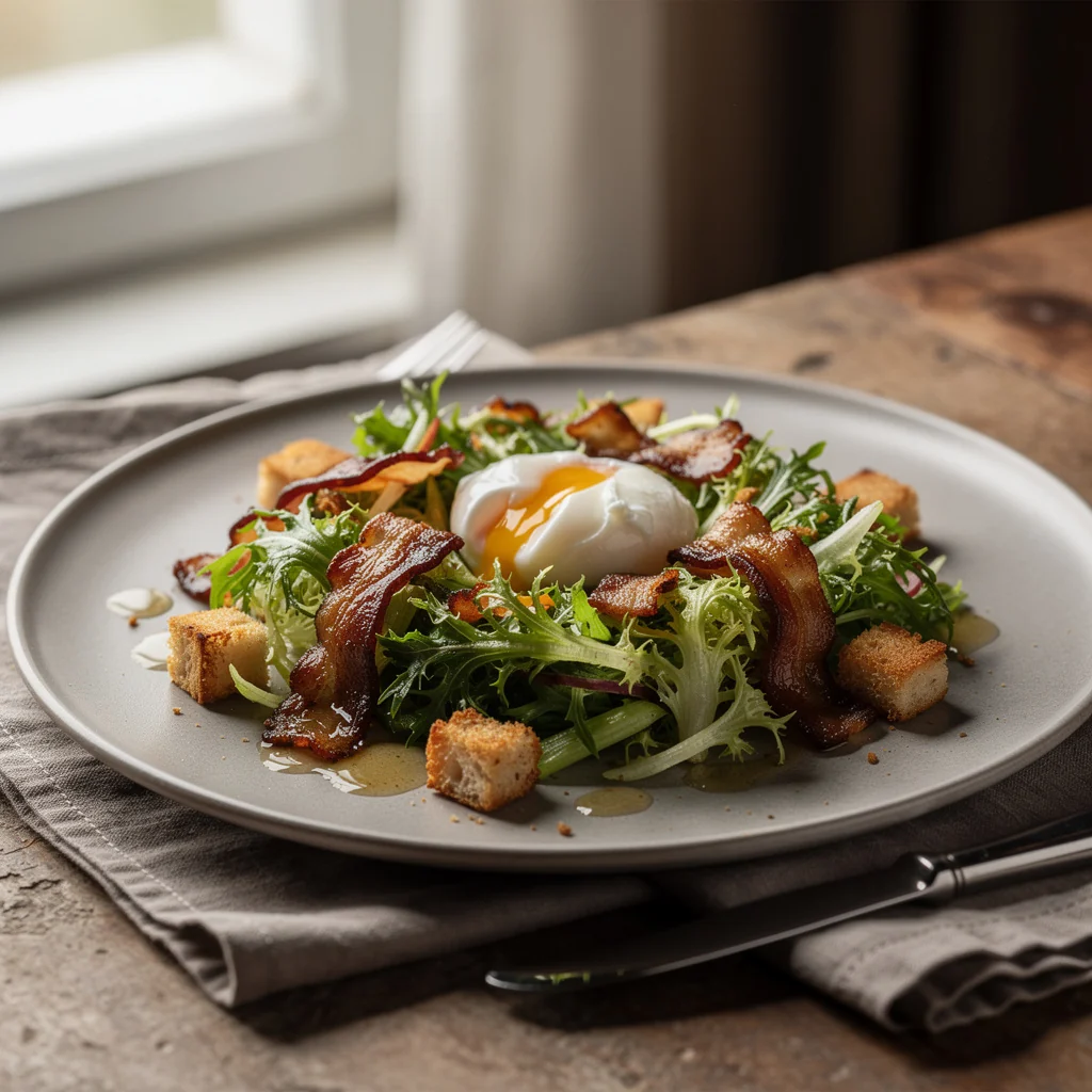 Salade lyonnaise avec frisée, lardons dorés et œuf poché sur assiette