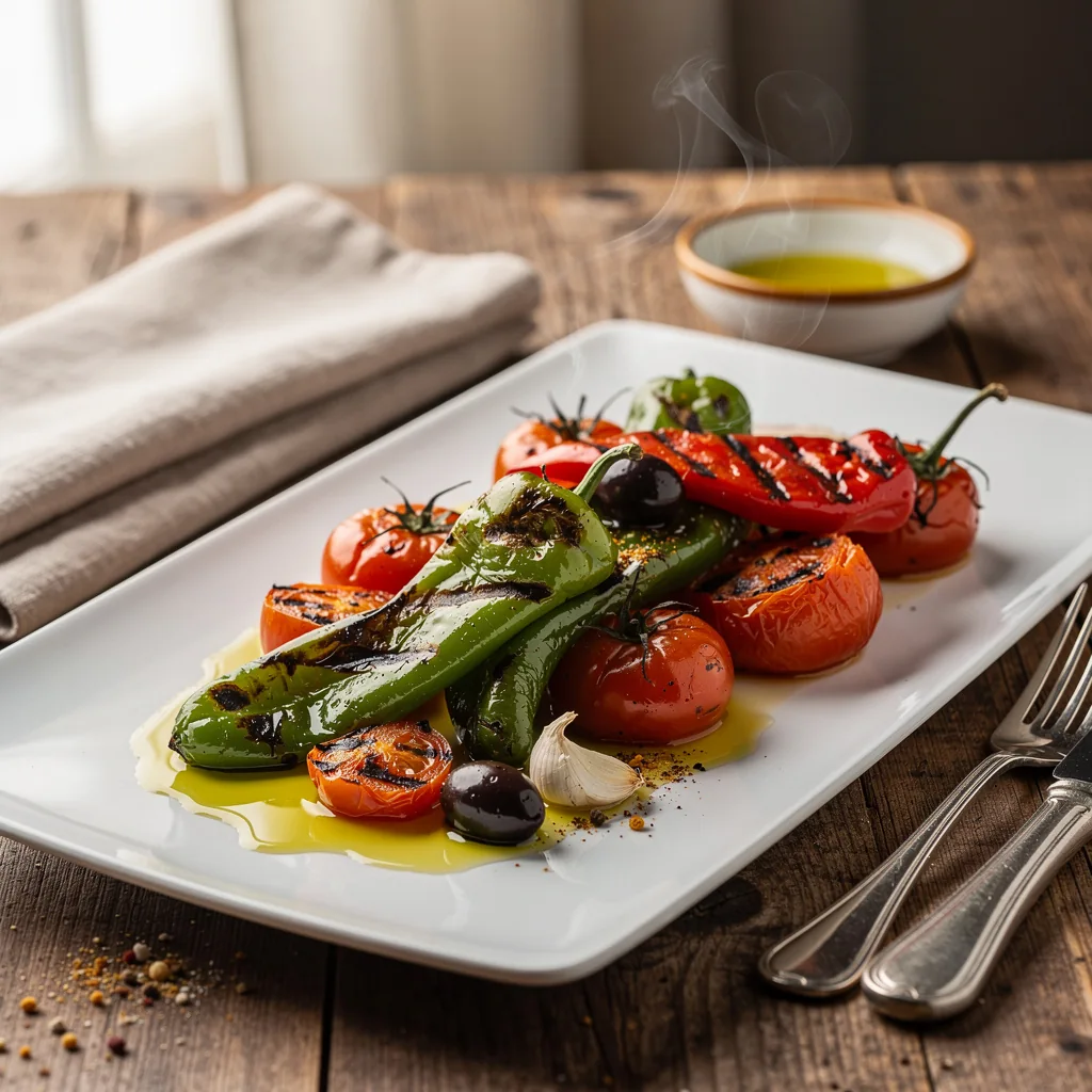 Salade mechouia tunisienne aux poivrons grillés, tomates, huile d’olive et olives